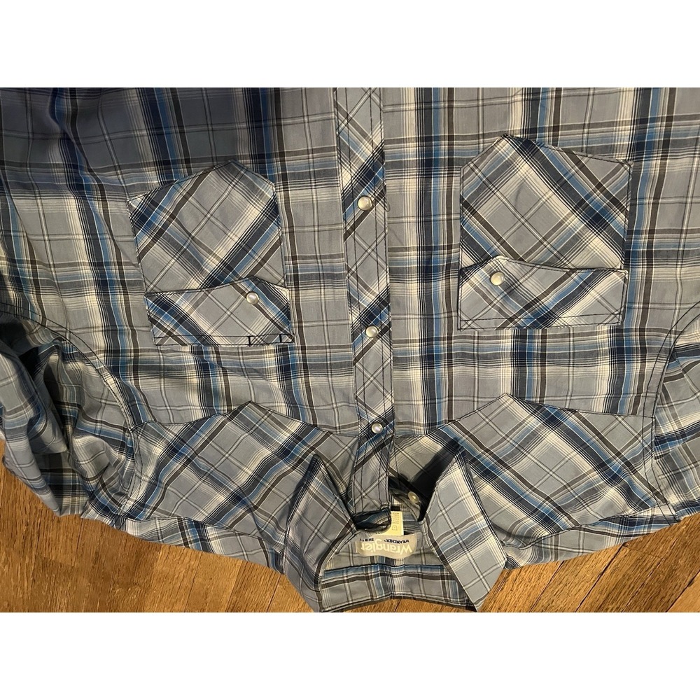 Wrangler Western Shirt Mens Large Blue Gray Plaid Pearl Snap Rideo Cowboy